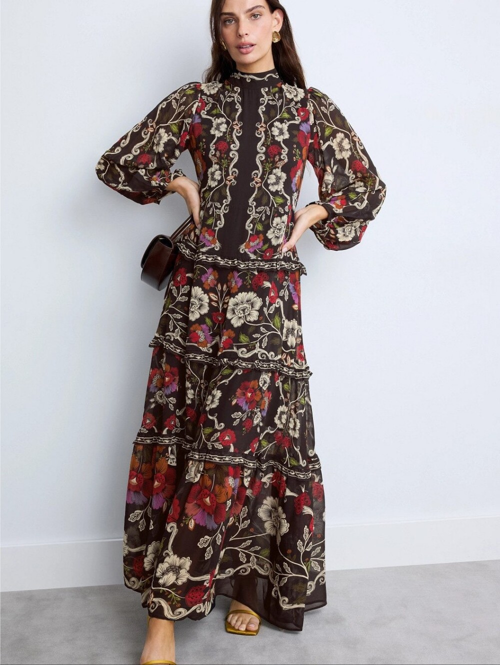 FARM Rio Rococo Flowers Tiered Maxi Dress Mock Neck Long Sleeves Size S